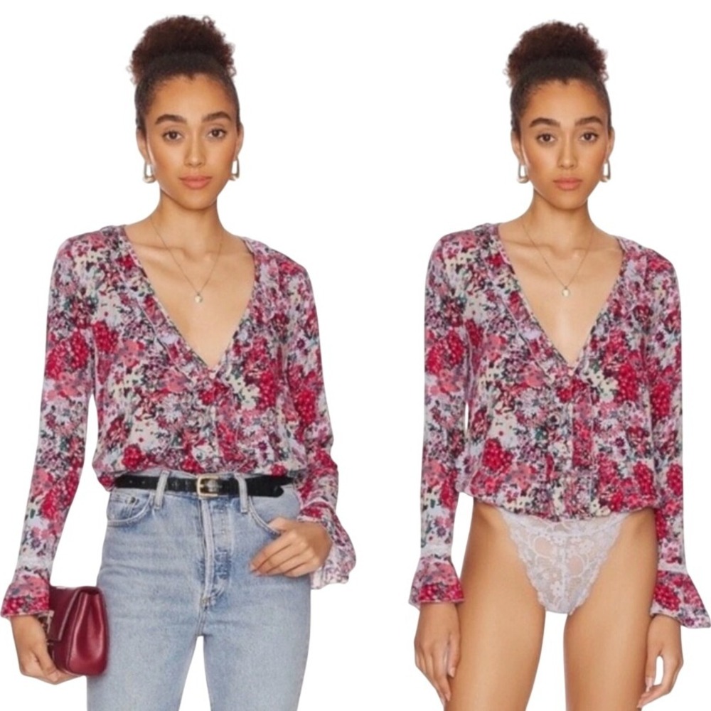 Free People Floral V-Neck Button-Front Blouse in Pink and Red